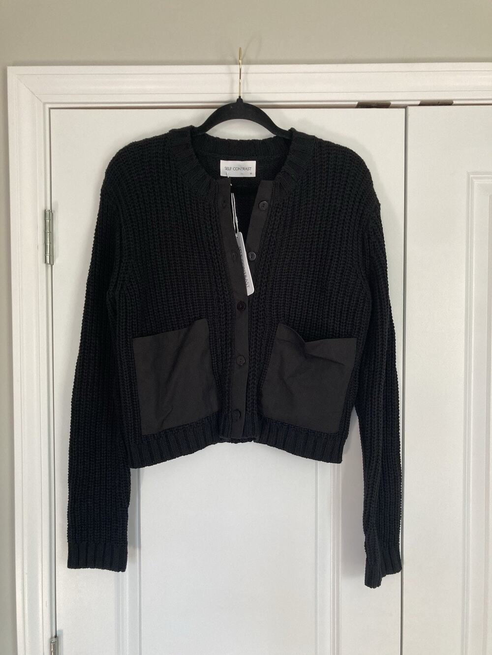 Anthropologie Self Contrast Gina Rib Knit Cardigan NWT XS Black Cotton Basic